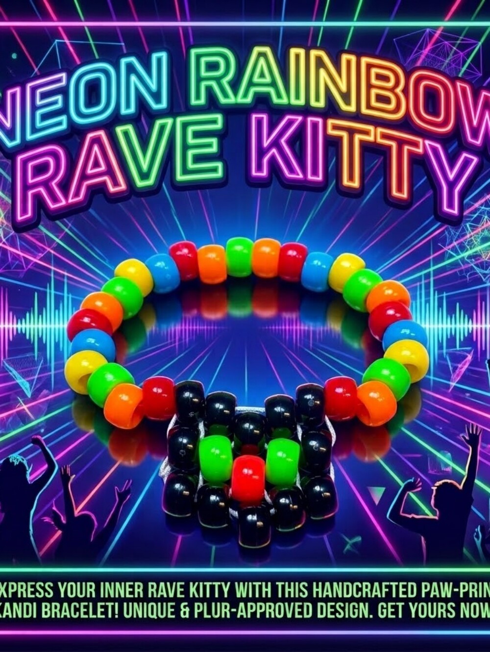 Neon Rainbow Rave Kitty - Single - Cat Charm - Kandi Bracelet - EDM Rave Festiva